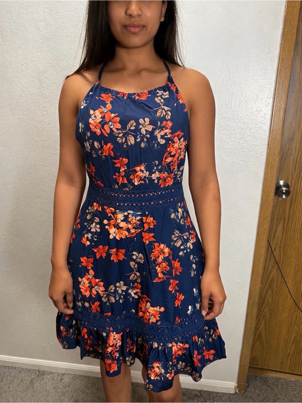 Navy Floral Halter Sundress with Orange Blossoms